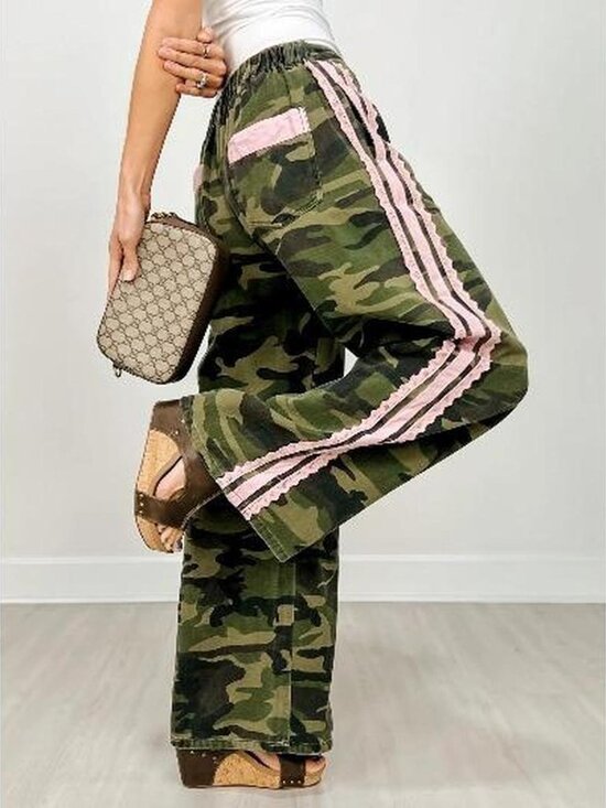 Oddi Los Angeles Pants - Oddi Los Angeles Washer Camo Wide Leg Pants with Pink Lace Trim S